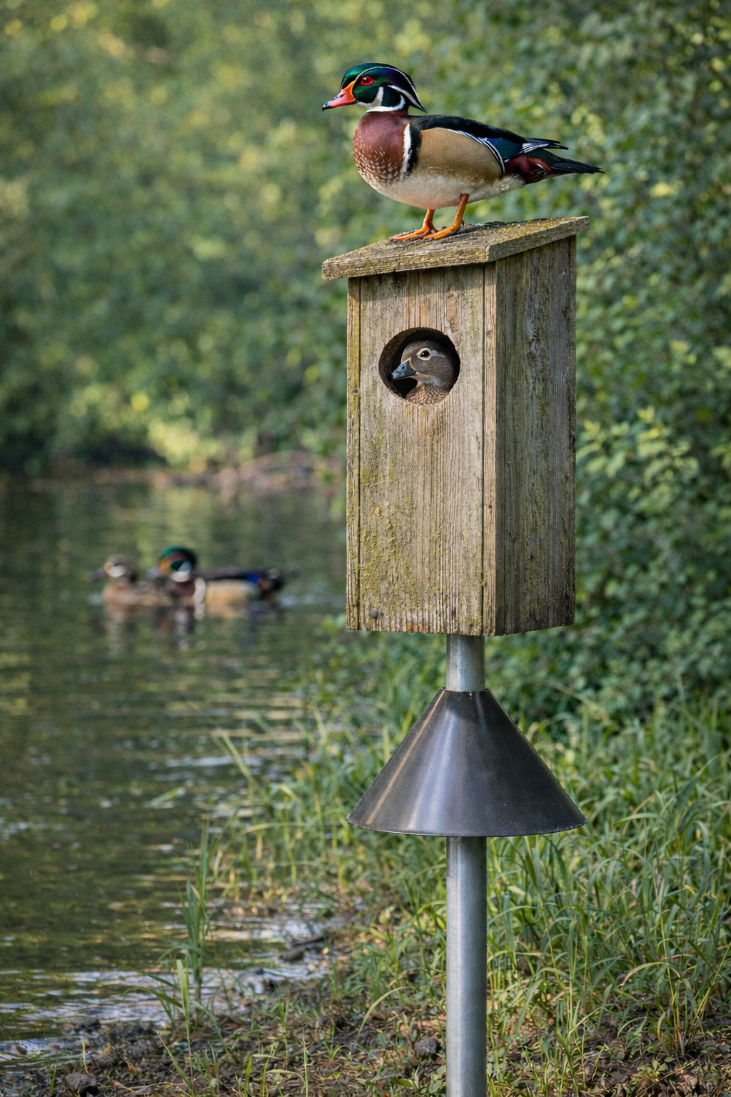 Wood duck at a nesting box mounted over water